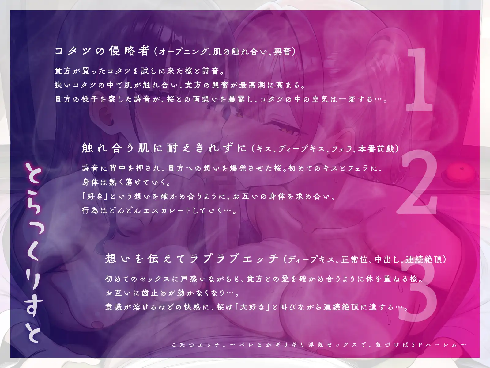 こたつエッチ。～バレるかギリギリ浮気セックスで、気づけば3Pハーレム～【KU100】