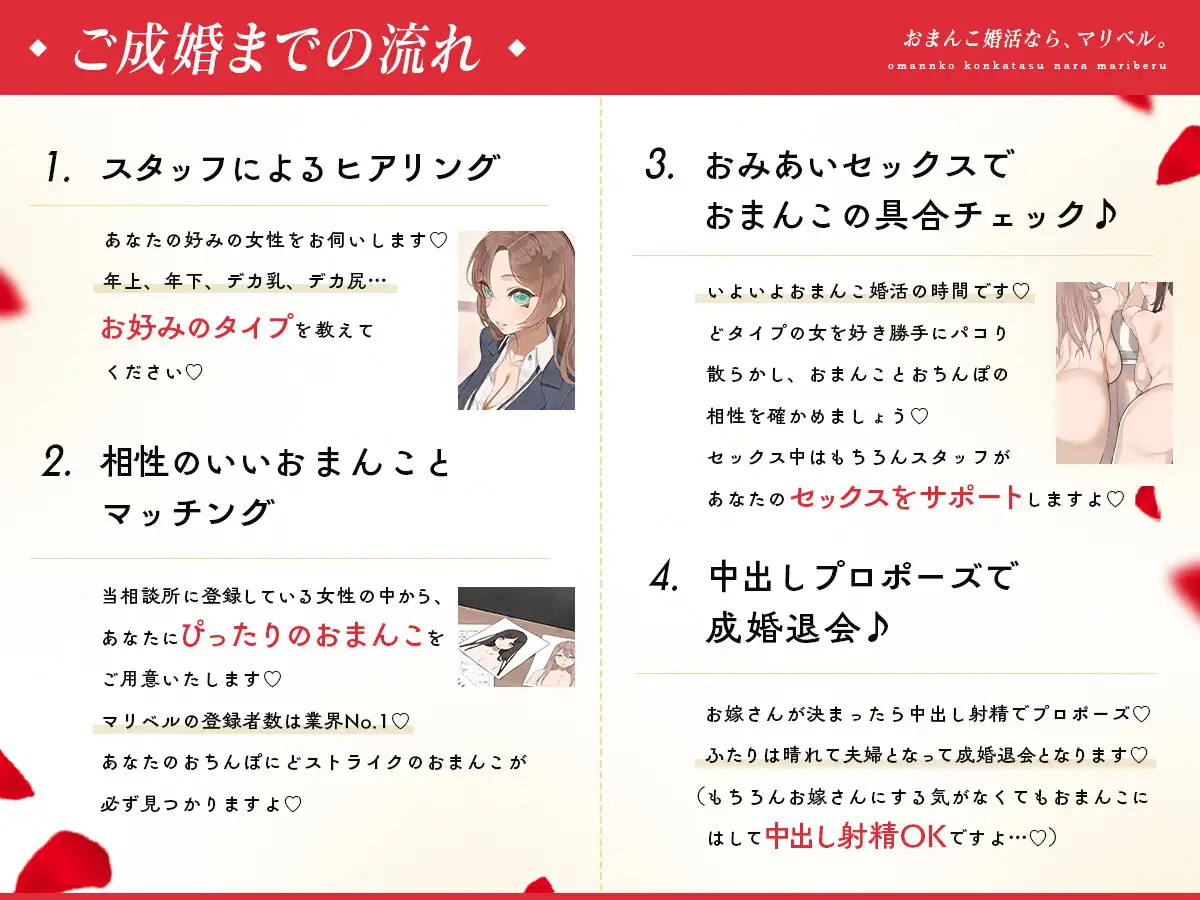 おまんこ婚活なら、マリベル。 ～婚前セックスでカラダの相性チェックOK♪おまんこでお嫁さんを選べる都合良すぎ結婚相談所～