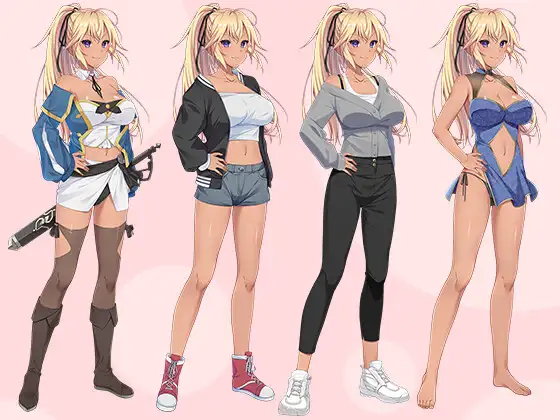 【立ち絵素材R18】金髪ポニテ褐色肌の少女剣士 フルセットPSDパック