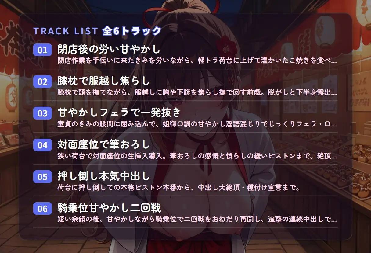 【姐御甘やかし×童貞搾精】たこ焼き屋台若女将のフェラ膝枕とろとろ筆おろし ~閉店後の軽トラ荷台で何度も種付け中出し♡~(全68分)