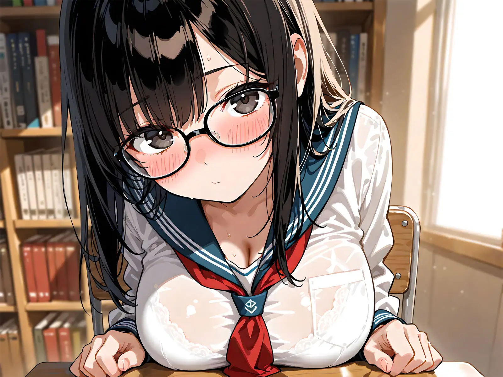 おとなしめな巨乳図書委員の後輩に勉強を教えていたら…谷間に興奮して勃起バレ→密着囁きでお礼の中出しえっち