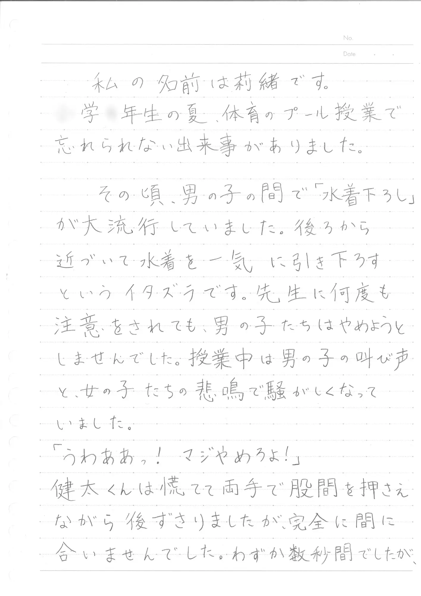 ○学生の時水着下げられた男の子のおちんちんを見た女の子の手書きエッセイ