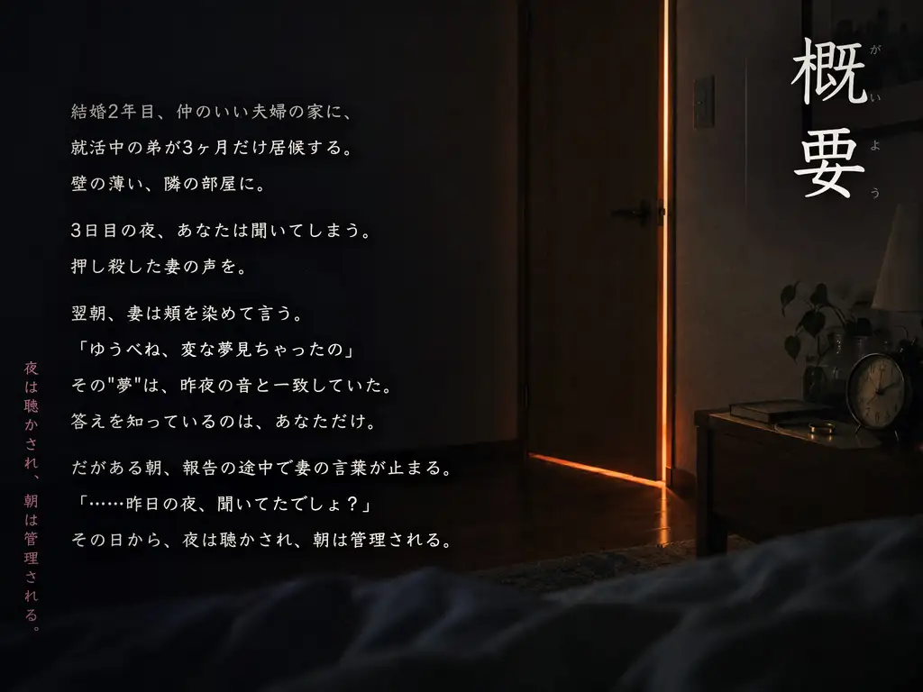 【壁越し妄想NTR×報告オナサポ】従順な人妻が壁一枚先で義弟に突かれる喘ぎを聞かされ、朝は耳元で答え合わせ報告される。夜の妄想で鬱勃起し続ける射精管理生活