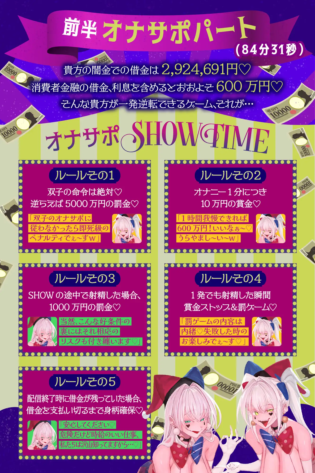 【前半:オナサポ】【後半:お仕置き逆レ】オナサポ搾精SHOW TIME〜借金漬けの貴方は双子のピエロのオナサポ我慢ゲームで人生逆転〜