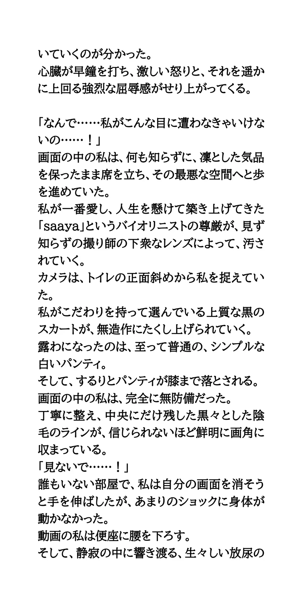 美人バイオリニストのトイレ盗撮流出被害手記。便器内カメラでワレメもアナルも晒された私の屈辱と再生