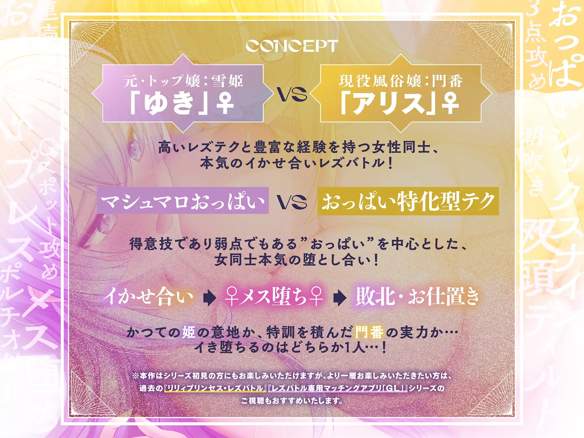【KU100】リリィプリンセス・レズバトル 元トップ風俗嬢「ゆき」vs現役風俗嬢「アリス」 おっぱいと女のプライドを賭けたイかせ合いレズセックスバトル!